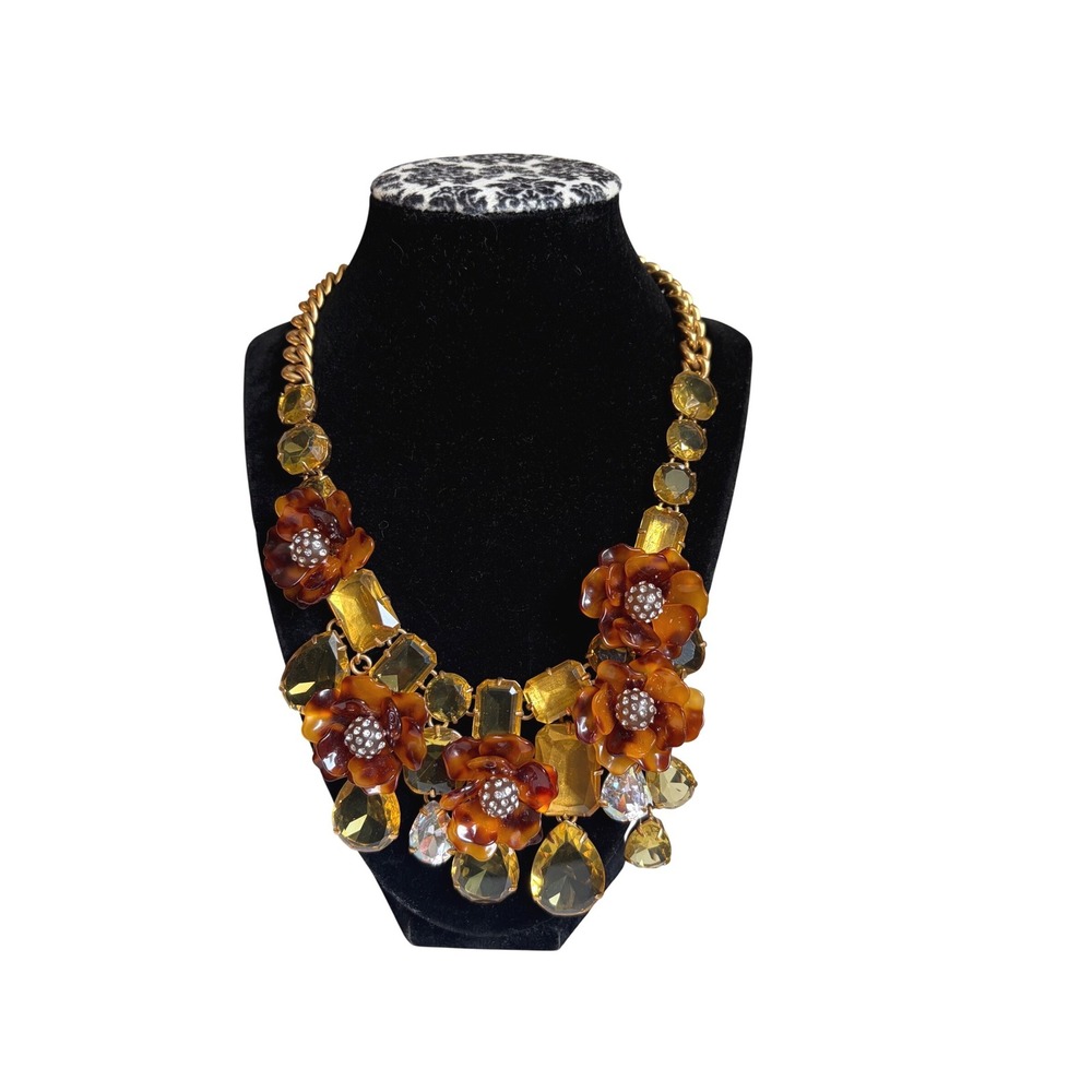 J.Crew Amber Floral Statement Necklace Gold Tone Crystal Bib Resin Flower